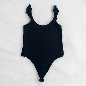 American Eagle Womens Black Ruffle Strap Bodysuit Stretch Size Medium